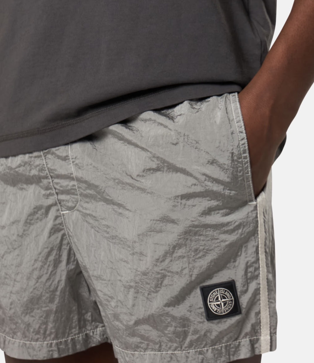 Stone Island Button Nylon Metal Swimshorts In Pearl Grey